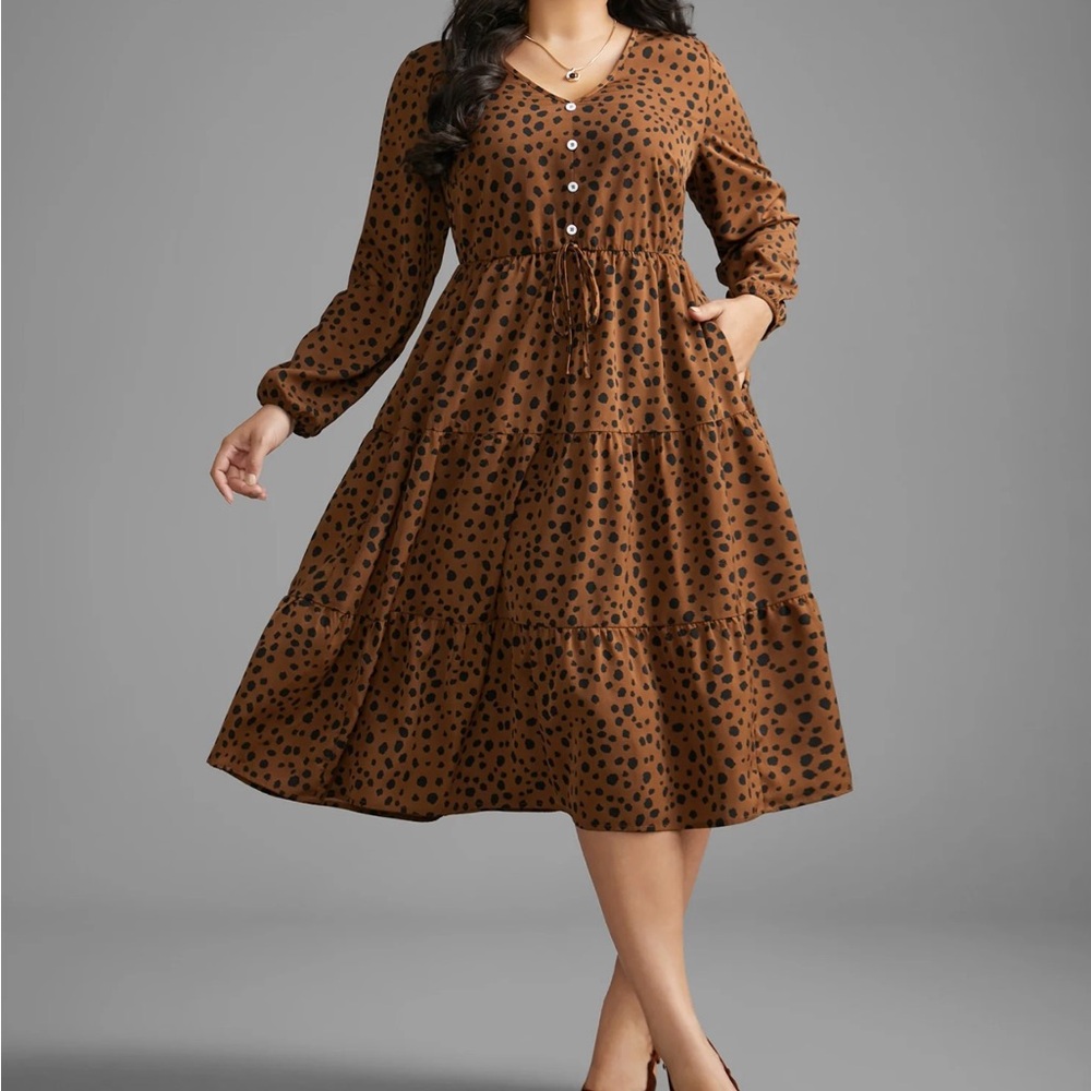 BloomChic Leopard Print Tie Knot Ruffle Layered Hem Midi Dress Size 22-24 3X